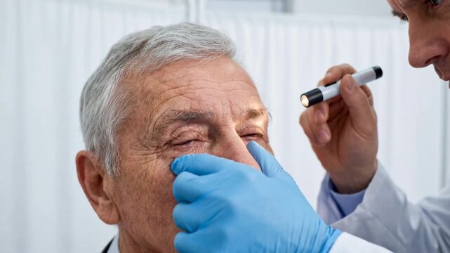 Clinical eye exam for senior patient with doctor using penlight to check pupil response and vision in ophthalmology appointment.