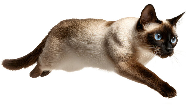 A sleek and agile siamese cat with striking blue eyes is running or jumping to the right isolated on transparent background with a brown and white coat