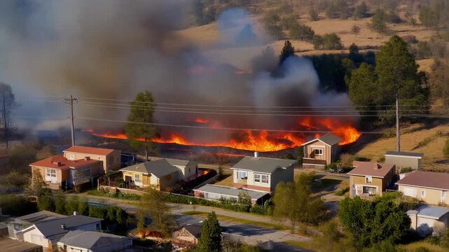 Urban interface wildfire approaching residential areas, embers flying ahead of main fire