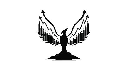 Bird silhouette with rising graph and arrows on white background
