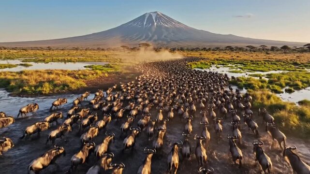Wildebeest migration near Mount Kilimanjaro at sunset in Tanzania