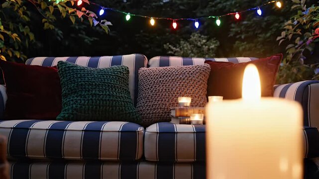 A Cozy Outdoor Living Space Illuminated by Colorful String Lights and Candles