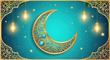 A vibrant and intricate illustration of a crescent moon adorned with ornate patterns and surrounded by stars