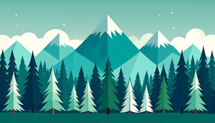 Snowy mountain peaks with evergreen forest at sunrise, minimalist landscape art, teal gradient sky
