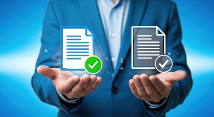 A person holding two documents, one approved and one rejected, symbolizing decision making.