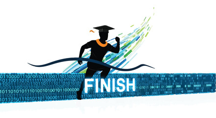Graduate in silhouette runs to finish line with binary code background
