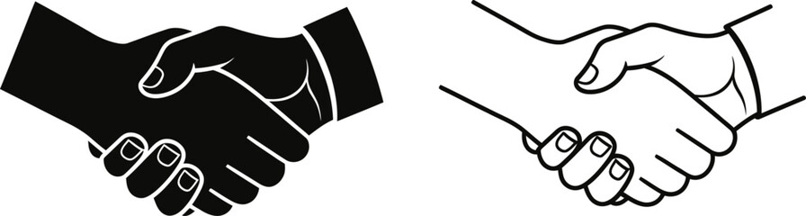 Obraz premium Two handshake icons: a solid black silhouette and a clean line art drawing, symbolizing agreement and partnership.