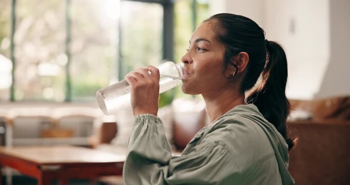 Wellness, hydration and woman drinking water in home for natural nutrients, thirsty and detox. Body care, bottle and person with liquid beverage in morning for refreshing drink and digestive health