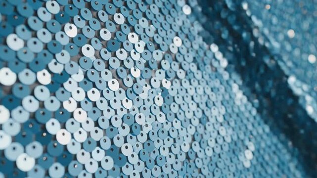 Sparkling blue sequins shine under bright lights in a creative display at a fashion event in the city center