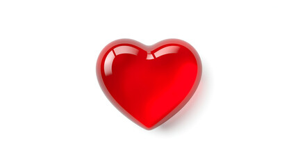Fototapeta premium A glossy red heart-shaped object is presented on a pure white background. The heart features a smooth, reflective surface resembling glass or gel, with soft highlights and subtle internal reflections.