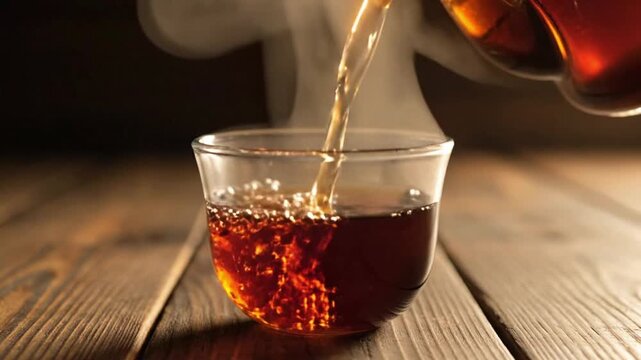 Brewing tea in a cozy setting with warm colors and a wooden table