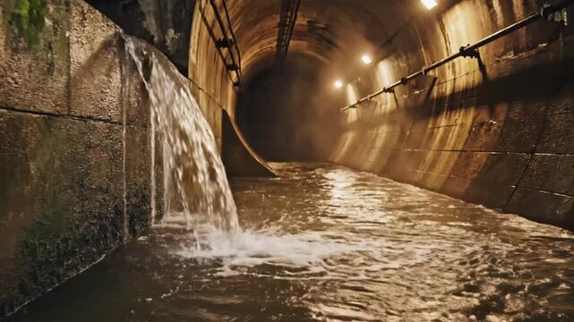 Water flows through a tunnel under the city showing pipes and strong current from a drainage system
