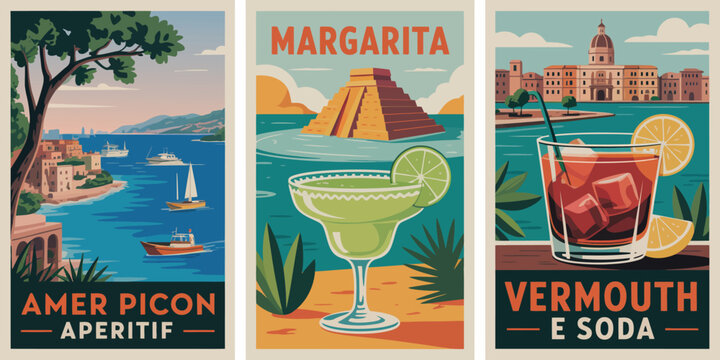 Cocktail poster, vibrant Margarita cocktail with lime garnish and AMER PICON APERITIF text in bold colors