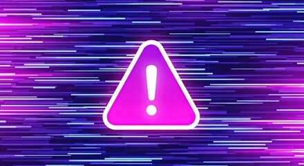A vibrant, futuristic alert symbol on a digital background with purple and blue hues