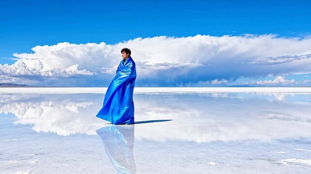 Person in blue wrap on reflective surface