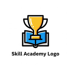 Vector logo design of a golden trophy rising from an open blue book, representing skill academy, education, success, and learning achievement.
