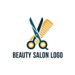 Modern graphic logo for a beauty salon featuring crossed scissors and a comb in blue, yellow, and dark blue colors.