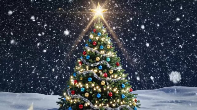 Winter landscape with falling snowflakes and a Christmas tree in the center