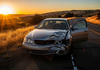 Naklejka premium Damaged car on roadside at sunset with open door