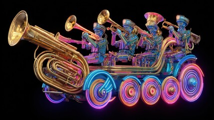 Abstract illustration of a musical band playing instruments on a vehicle