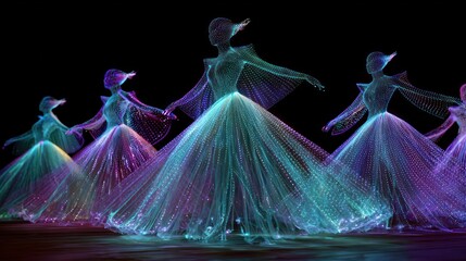Abstract illustration of dancers in luminous gowns against a dark background