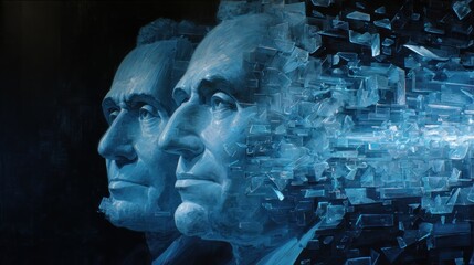 Abstract illustration of two faces dissolving into fragmented elements