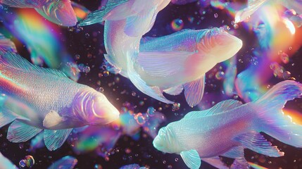 Abstract illustration of ethereal fish swimming in a vibrant colorful environment