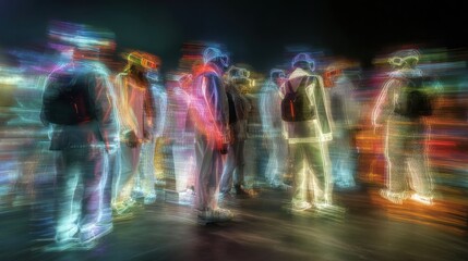 Abstract illustration of people in futuristic environment with neon outlines