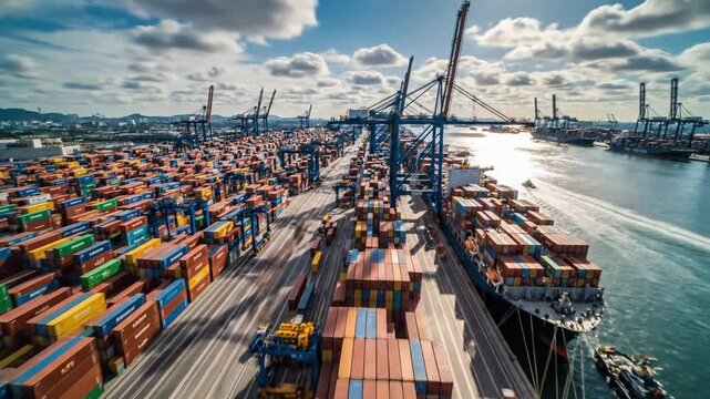 Busy port during the day with cargo containers and cranes at work by the water