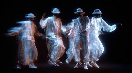 Abstract illustration of people dancing with light trails on a dark background