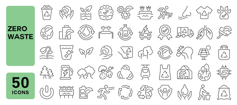 Set of 50 line icons related to zero waste, recycle, sustainable city, ecology, reuse product, conservation, friendly environment, reduce waste, Editable stroke. Vector illustration
