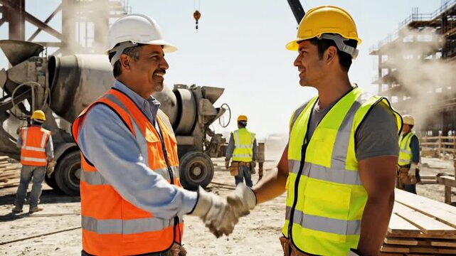 Construction workers shake hands at job site in sunny weather during the day as they complete their tasks at a building site