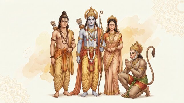 Ram Sita Lakshman Hanuman on Ivory Background &ndash; Premium Devotional Illustration