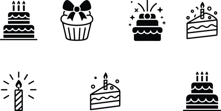 Collection of black and white birthday cake and cupcake icons with candles Keywords: birthday cake, cupcake, cake slice, candle