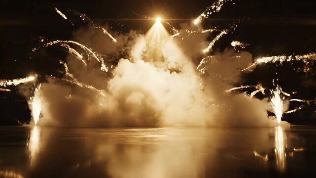 A Single Narrow Spotlight Pierces Absolute Darkness and Illuminates a Glowing Cloud on Calm Water