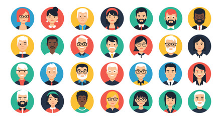 Fototapeta premium Large array of diverse avatar icons, featuring male and female characters of various ages, ethnicities, and