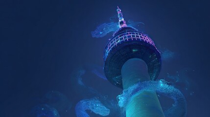 Abstract illustration of a tall structure glowing with futuristic technology