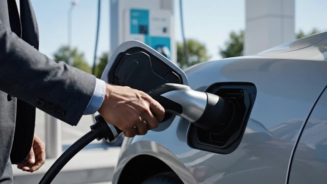 Charging an electric car at a public station in a city during the daytime with a driver connecting the cable