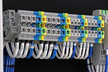 Electrical terminals with connected insulated wires with metal lugs. It is installed on a metal mounting rod in the electrical panel. 