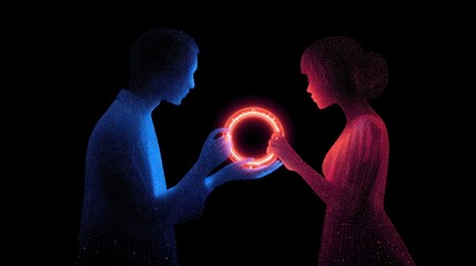 Abstract illustration of two figures holding a glowing circle in darkness