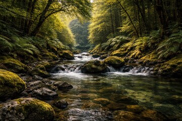 serene forest stream with mossy rocks