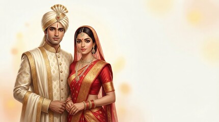 Fototapeta premium Elegant Traditional Indian Bride and Groom Standing in Ceremonial Pose – Luxury Wedding Art