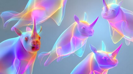 Abstract illustration of unicorn like creatures in vibrant colors and forms