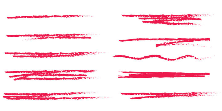 Pastel underline color crayon set - horizontal hand drawn chalk, marker or pencil highlighter strokes with rough textured edges. Design elements for emphasizing text lines and decorative accents