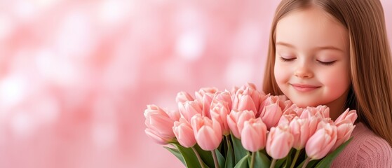 Fototapeta premium Little girl holding pink tulips on soft pink background. Horizontal festive banner for International Women’s Day, March 8 celebration, greeting cards, and holiday campaigns. Copy space for text