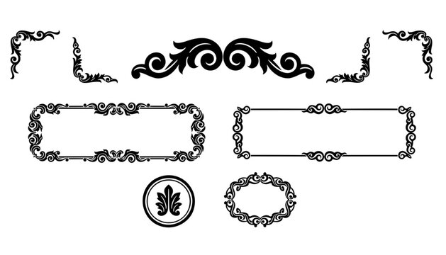 Classic black ornament kit featuring long rectangular borders, decorative corner swirls, floral divider, and circle icon for retro graphic design