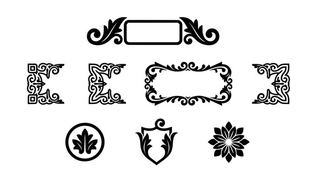 Classic black ornament collection including heraldic shield, round leaf icon, floral rosette, and swirly frame borders for graphic design projects