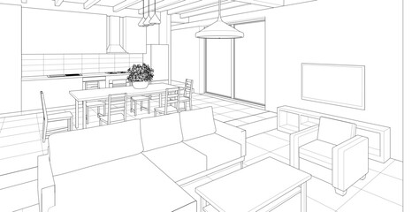  housing interior kitchen living room 3d illustration