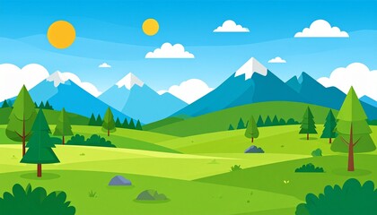 Fototapeta premium Scenic mountain landscape with hot air balloons flying over green valley and blue sky