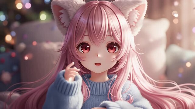 Adorable Anime Catgirl Portrait with Pink Hair, Cat Ears, and Cozy Blue  Knit Sweater in Soft Bokeh Lighting